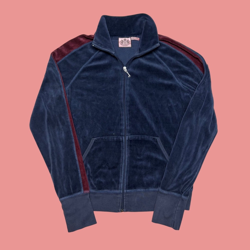 Juicy Couture Navy Blue Velour Track Jacket Burgundy Stripe Y2K Zip Up Medium